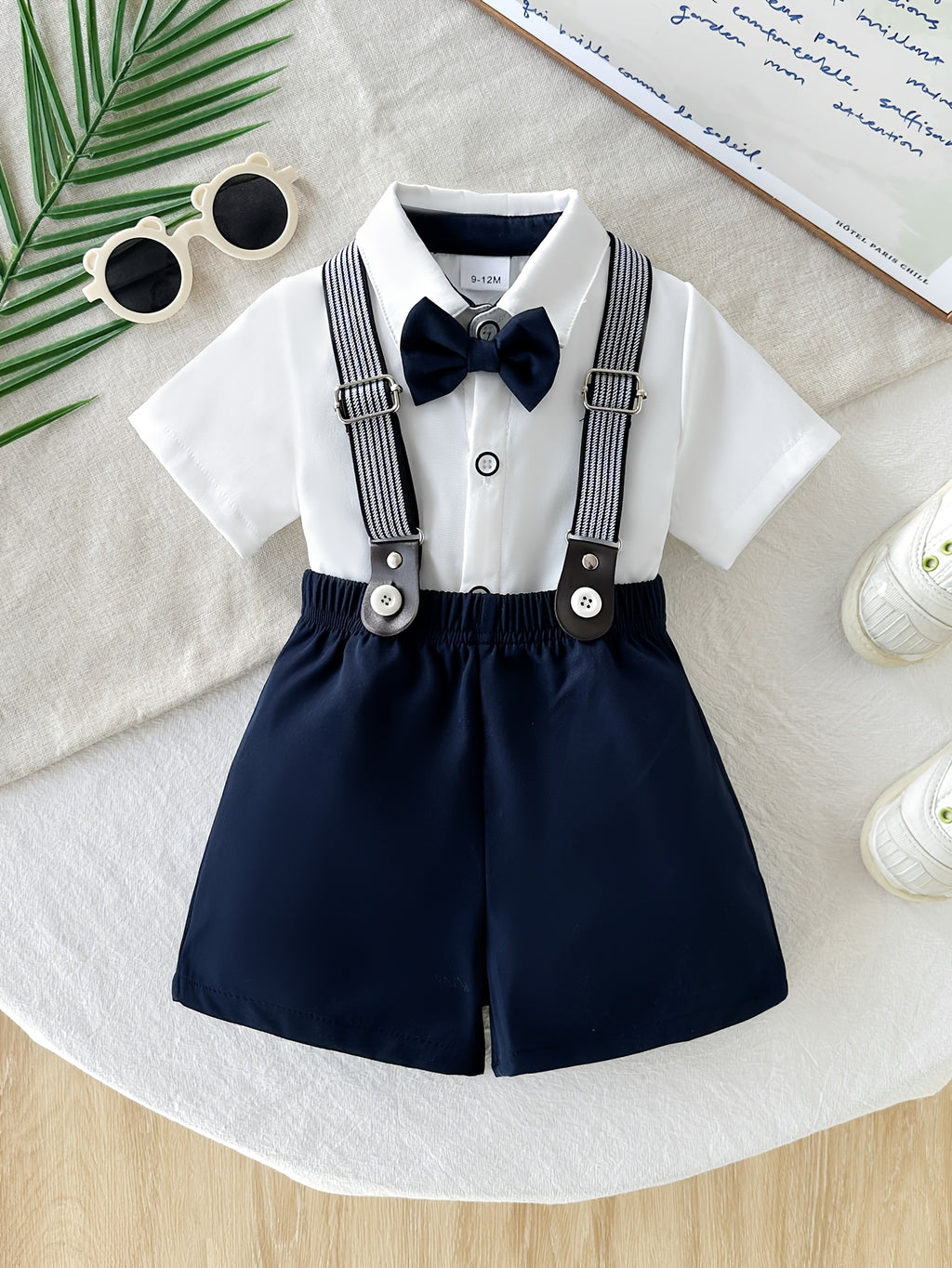 Short‑Sleeve Shirt with Bow Tie & Suspender Shorts Gentleman Suit Set