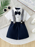 Short‑Sleeve Shirt with Bow Tie & Suspender Shorts Gentleman Suit Set