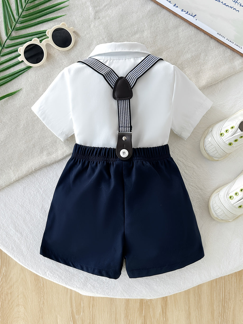 Short‑Sleeve Shirt with Bow Tie & Suspender Shorts Gentleman Suit Set