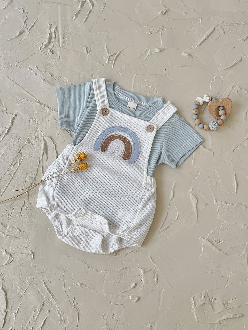 Short‑Sleeve Ribbed T‑Shirt & Rainbow Embroidery Overall Romper Set