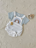 Short‑Sleeve Ribbed T‑Shirt & Rainbow Embroidery Overall Romper Set