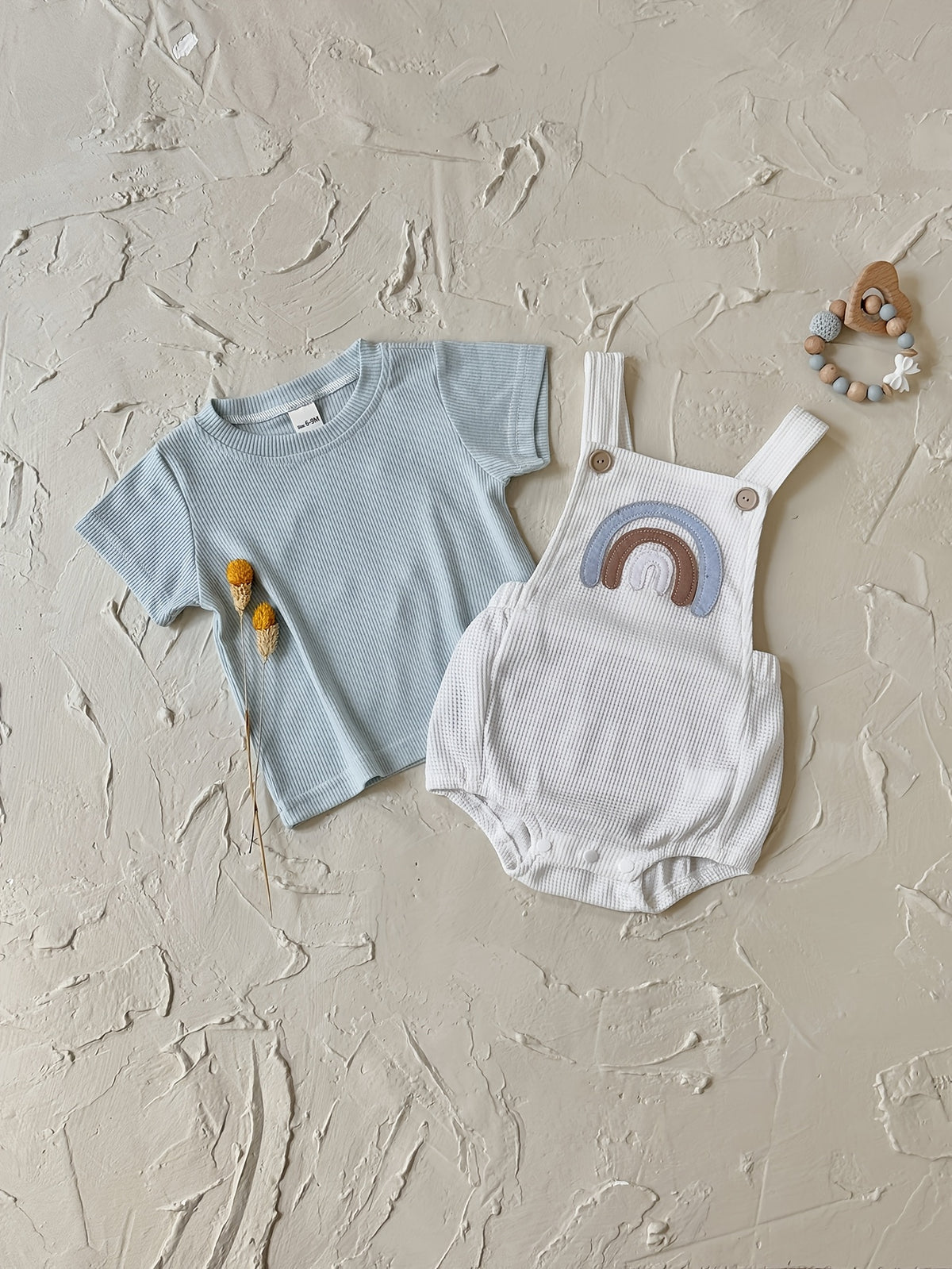 Short‑Sleeve Ribbed T‑Shirt & Rainbow Embroidery Overall Romper Set