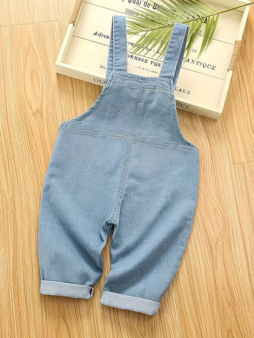 Cute Bear Embroidery Pocket Jumpsuit, Kids Roll‑Up Cuff Bib Pants