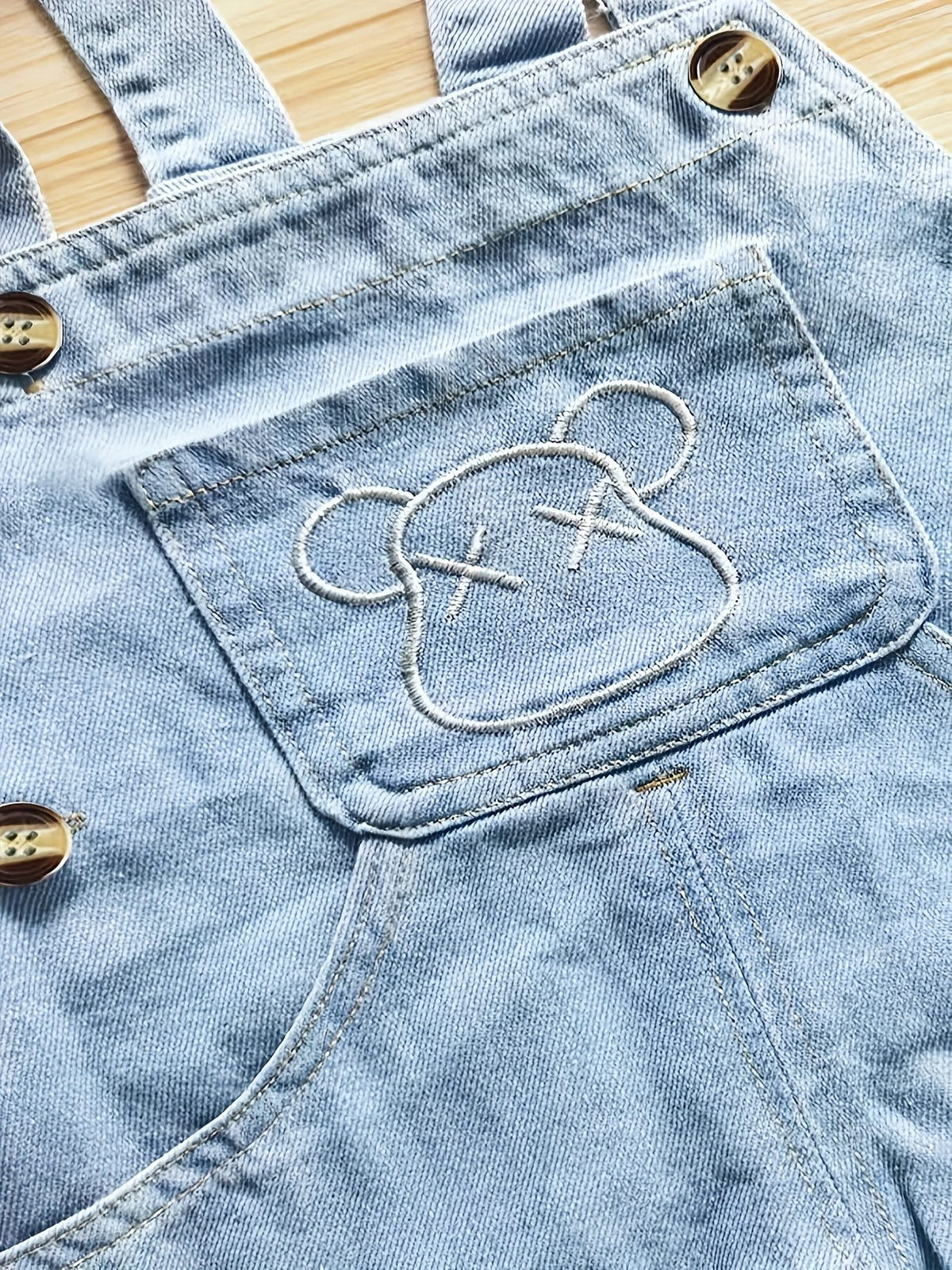 Cute Bear Embroidery Pocket Jumpsuit, Kids Roll‑Up Cuff Bib Pants