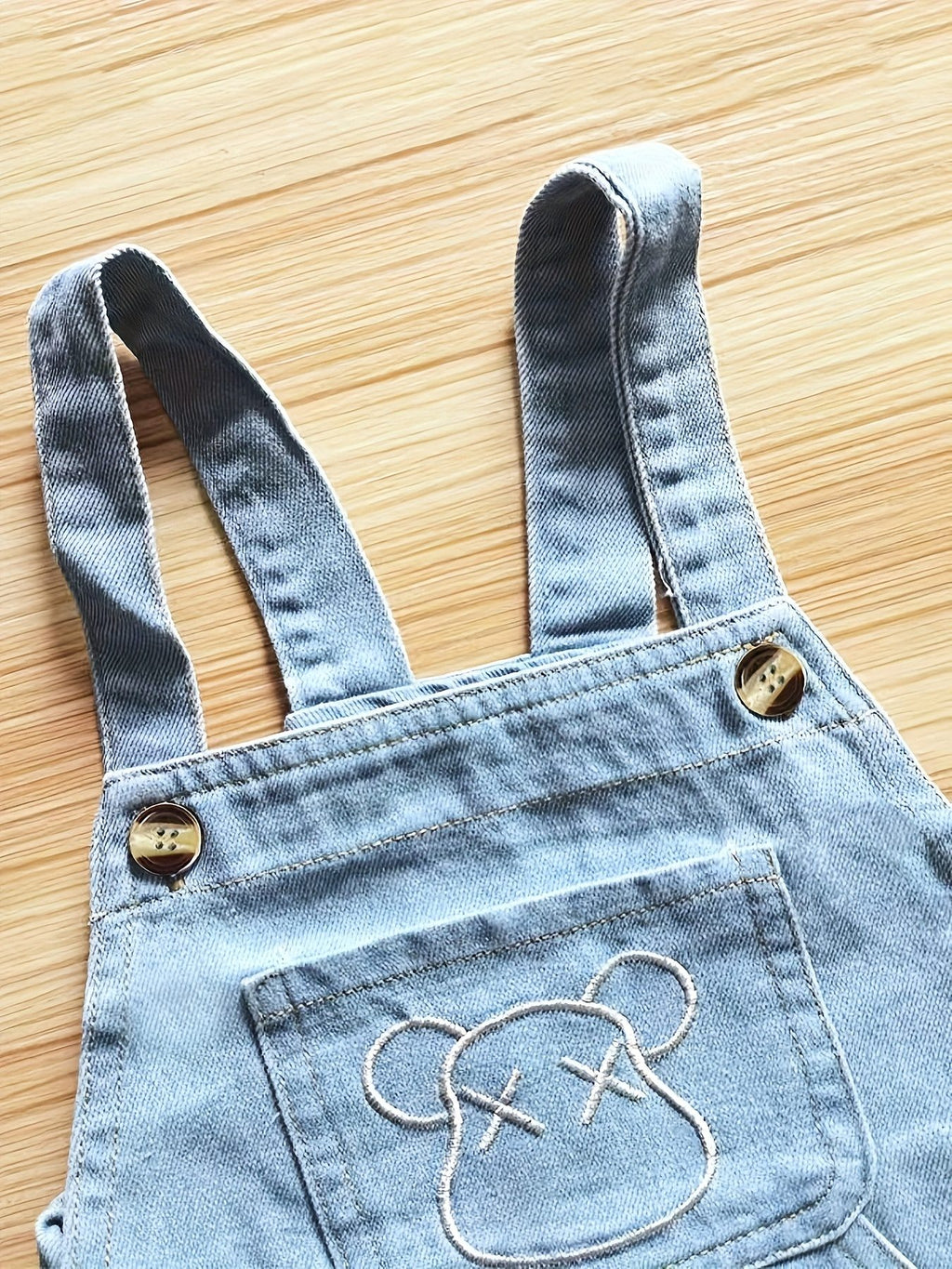 Cute Bear Embroidery Pocket Jumpsuit, Kids Roll‑Up Cuff Bib Pants