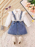 Kids’ White Ruffled Shirt with Denim Suspender Skirt Set