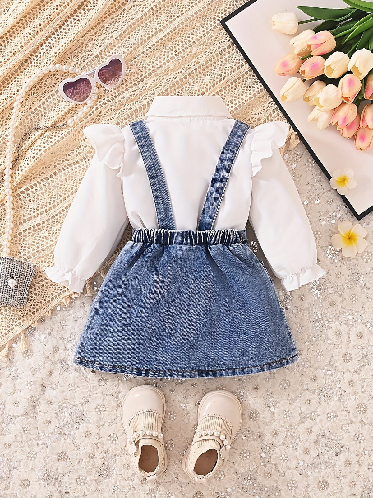 Kids’ White Ruffled Shirt with Denim Suspender Skirt Set