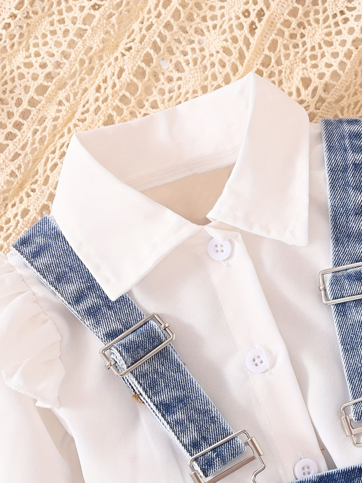 Kids’ White Ruffled Shirt with Denim Suspender Skirt Set