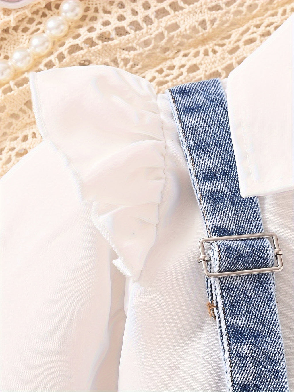 Kids’ White Ruffled Shirt with Denim Suspender Skirt Set
