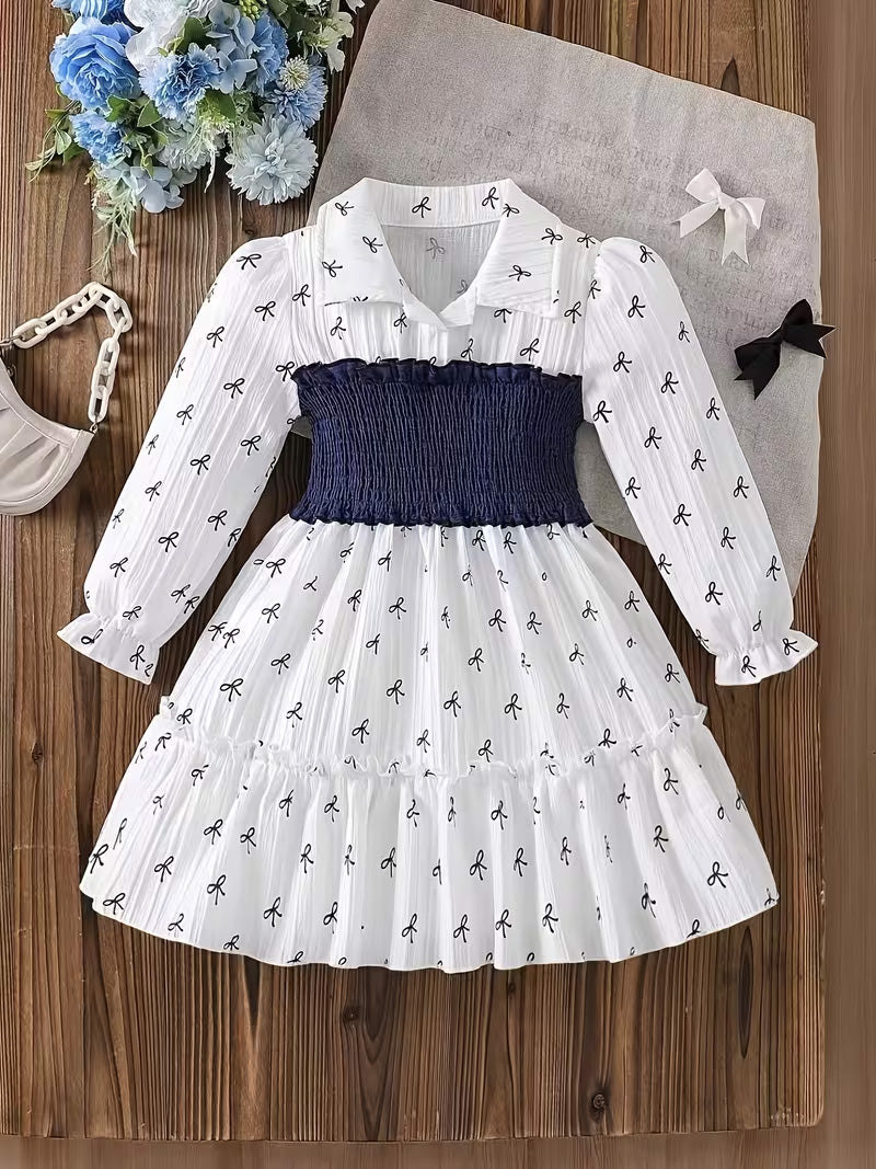 Kids’ White Bow Print Long Sleeve Dress