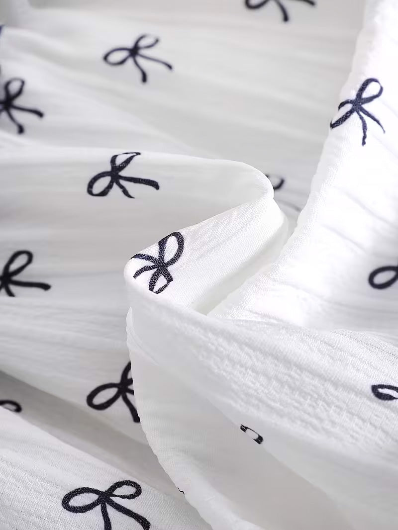 Kids’ White Bow Print Long Sleeve Dress