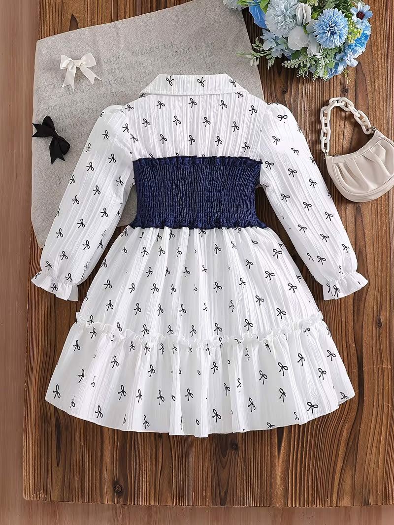 Kids’ White Bow Print Long Sleeve Dress