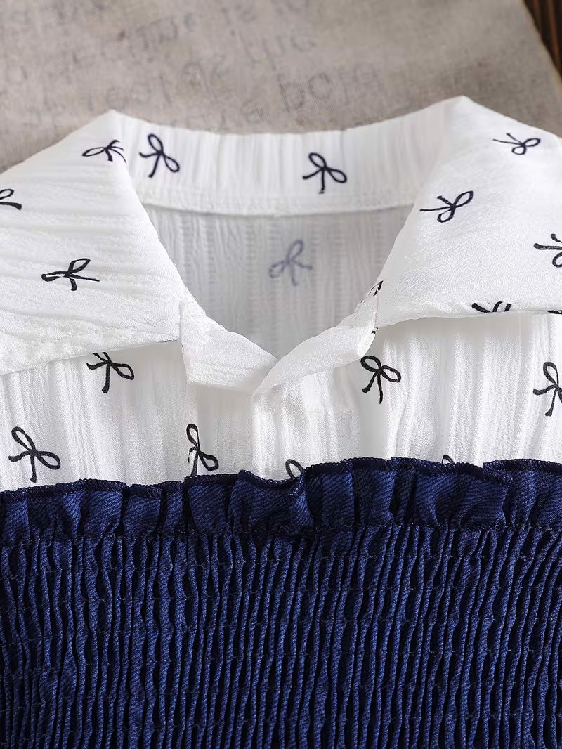 Kids’ White Bow Print Long Sleeve Dress