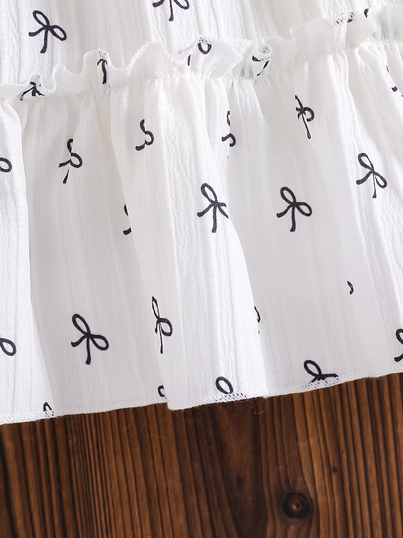 Kids’ White Bow Print Long Sleeve Dress