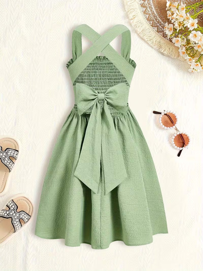 Kids’ Sage Green Crossback Bow Dress