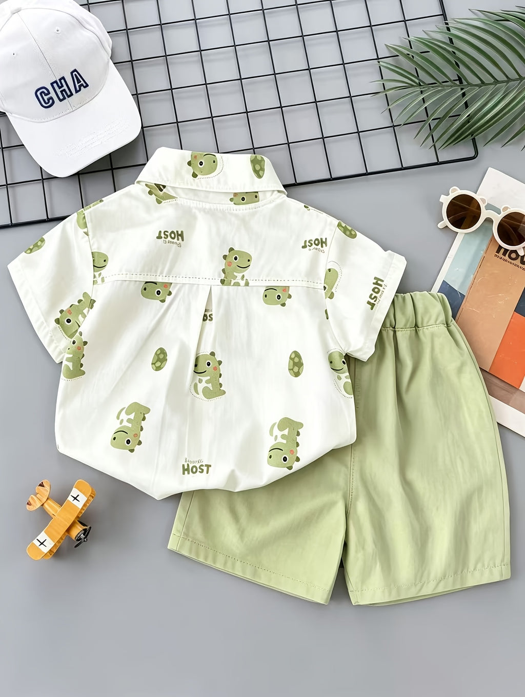 Dinosaur Print Short‑Sleeve Shirt, Decorative Tie & Casual Shorts Set